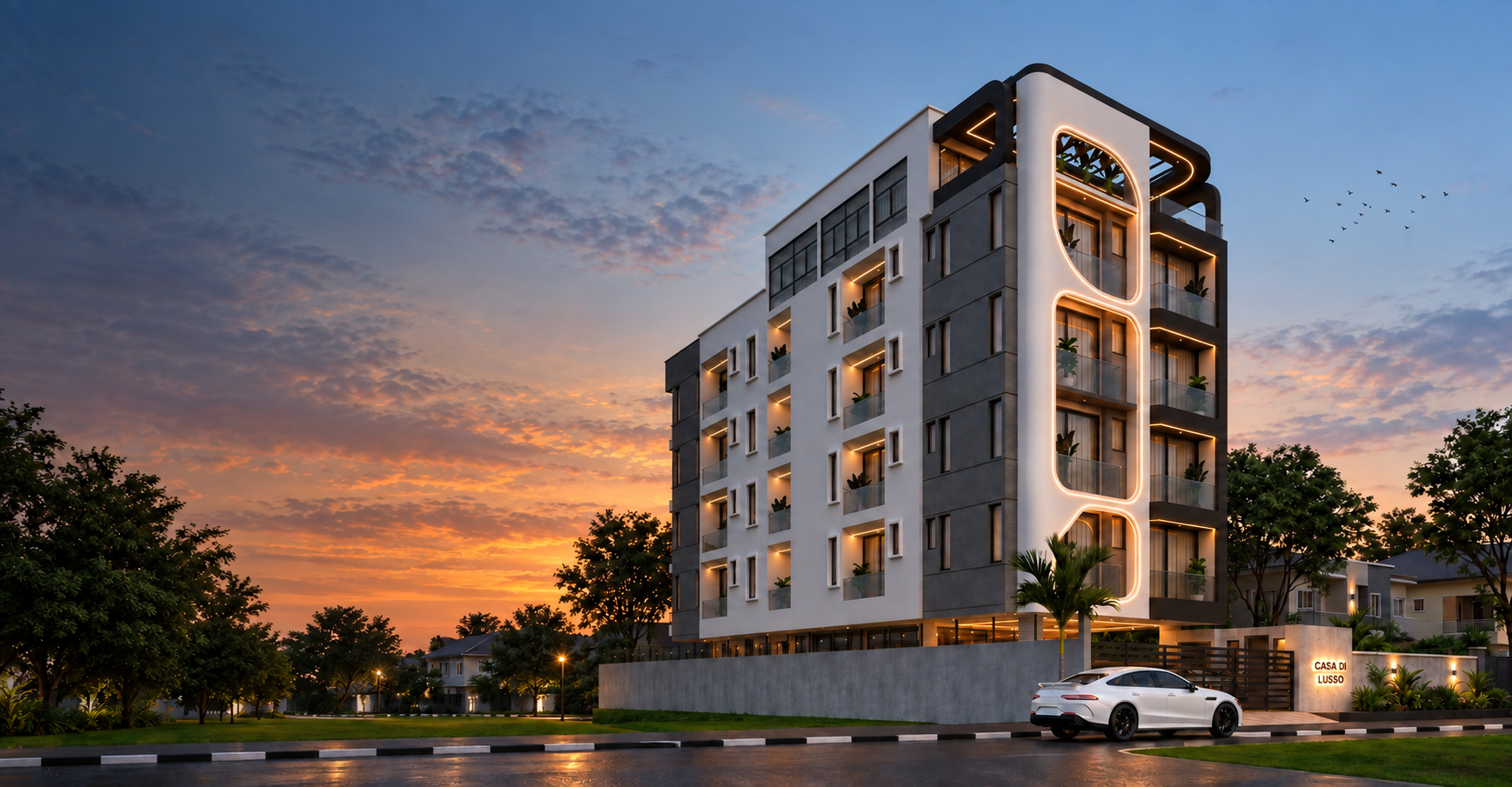 Architectural render of Cásá di Lusso, showing its curved facade and balconies